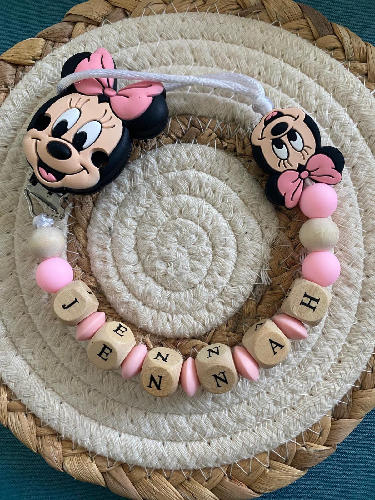 Attache Tétine Bois & Silicone - Minnie Duo Rose