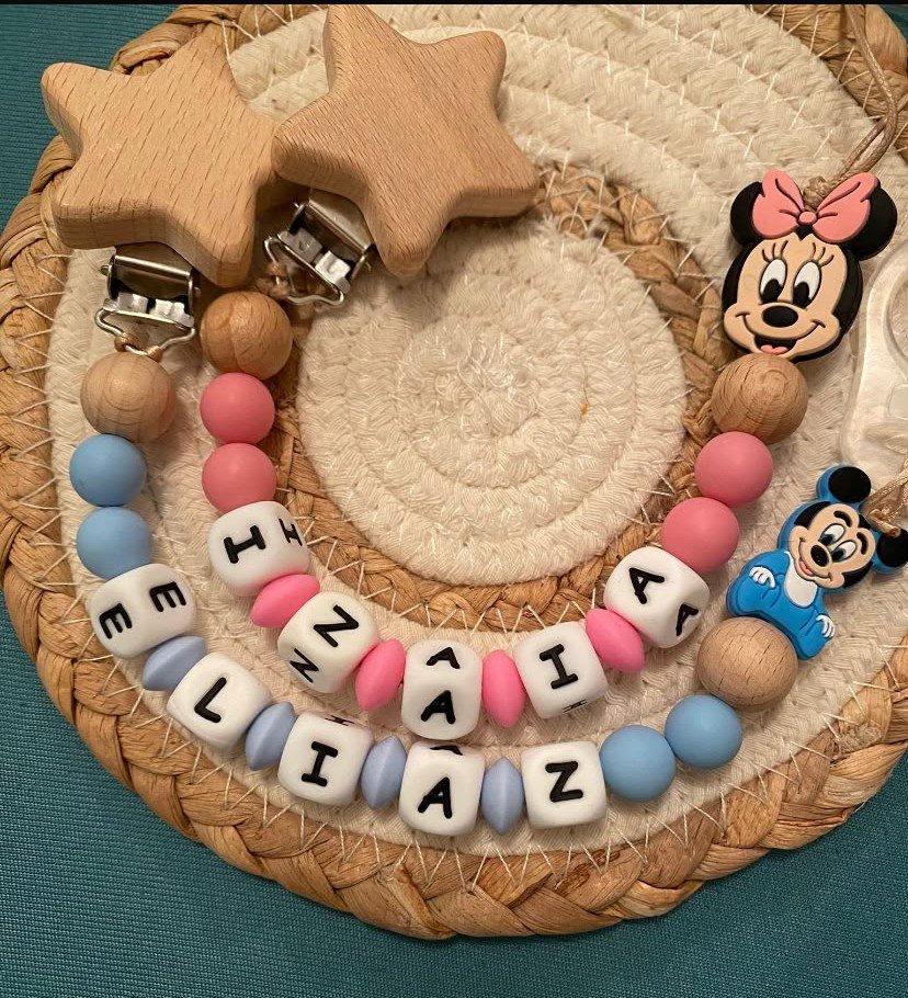 Attache Tétine Bois & Silicone - Minnie & Mickey