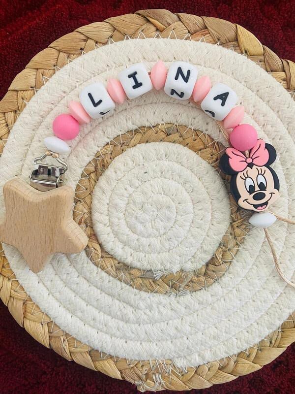 Attache Tétine Bois & Silicone - Minnie Étoile Rose